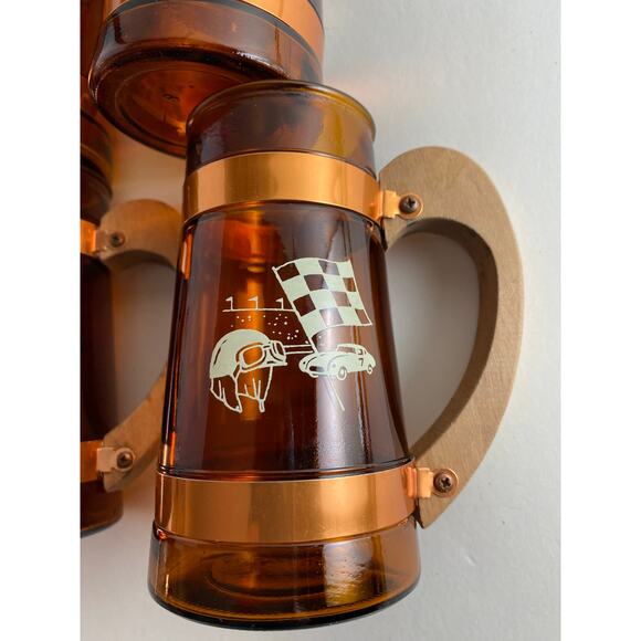 Vintage Amber Glass Beer Mugs Set of 8 – Sports Motif, 1960s Retro Barware - Picture 10 of 10